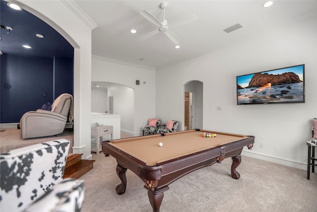 recreation room featuring crown molding, billiards, light colored carpet, and ceiling fan