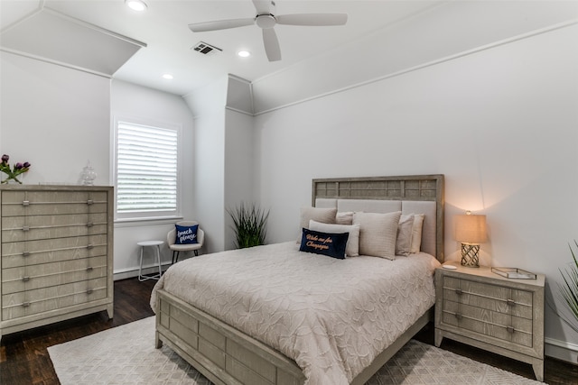 bedroom featuring dark wood-type flooring and ceiling fan