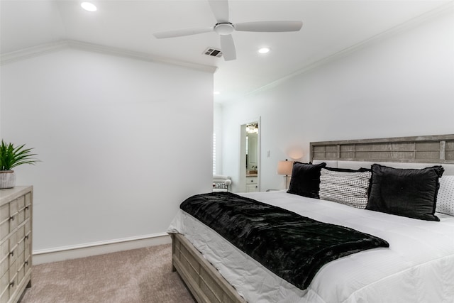 carpeted bedroom featuring ceiling fan, crown molding, and vaulted ceiling