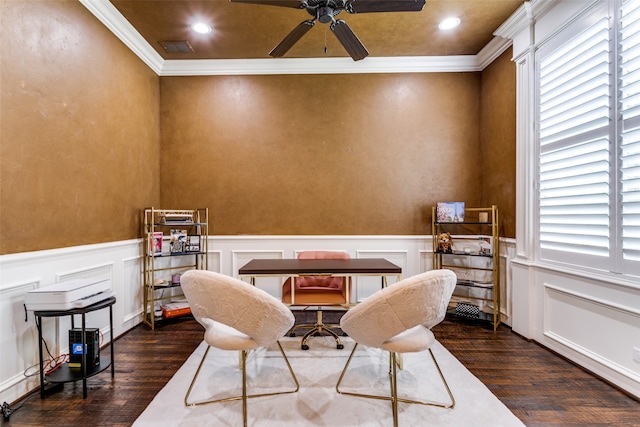 sitting room with crown molding, dark hardwood / wood-style floors, and ceiling fan