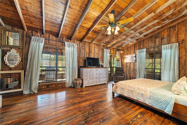 unfurnished bedroom featuring wooden ceiling, dark hardwood / wood-style flooring, wood walls, ceiling fan, and beam ceiling