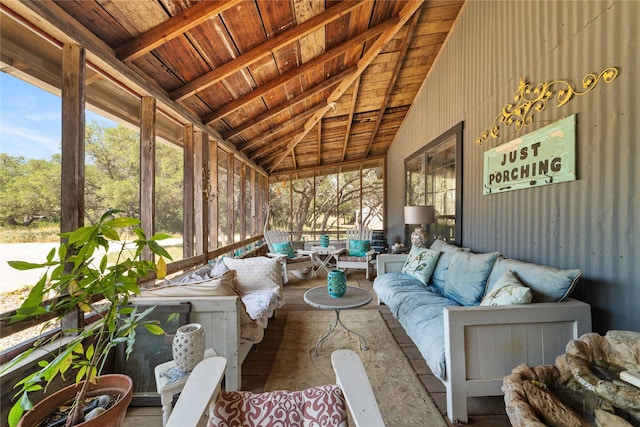 sunroom / solarium with wooden ceiling and vaulted ceiling with beams