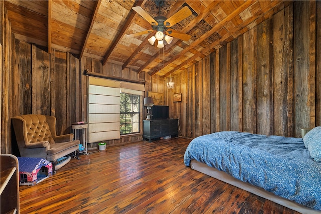 bedroom featuring wooden ceiling, dark hardwood / wood-style floors, wood walls, ceiling fan, and vaulted ceiling with beams