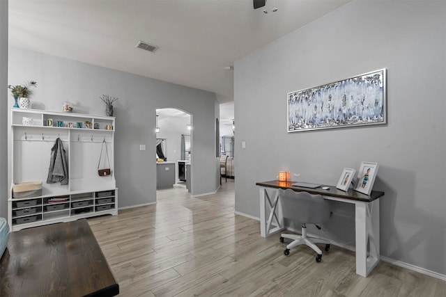 office area featuring hardwood / wood-style floors and ceiling fan