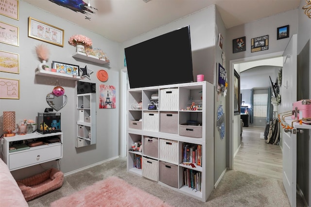 playroom featuring light wood-type flooring