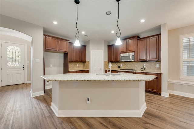 kitchen with a center island with sink, plenty of natural light, sink, and light wood-type flooring