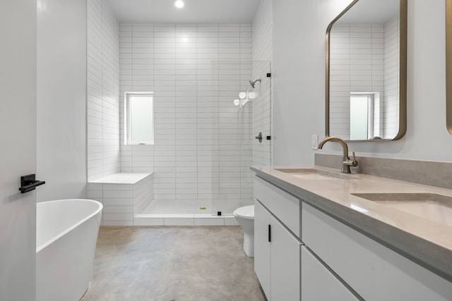 full bathroom with vanity, toilet, separate shower and tub, and concrete flooring