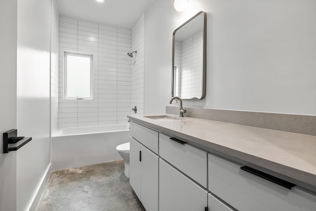 full bathroom featuring tiled shower / bath, vanity, toilet, and concrete floors