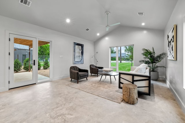 living room featuring lofted ceiling and ceiling fan