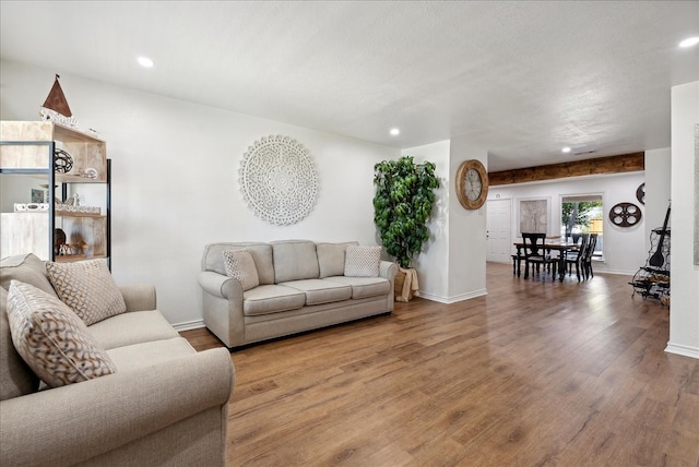 living room with a textured ceiling and wood-type flooring