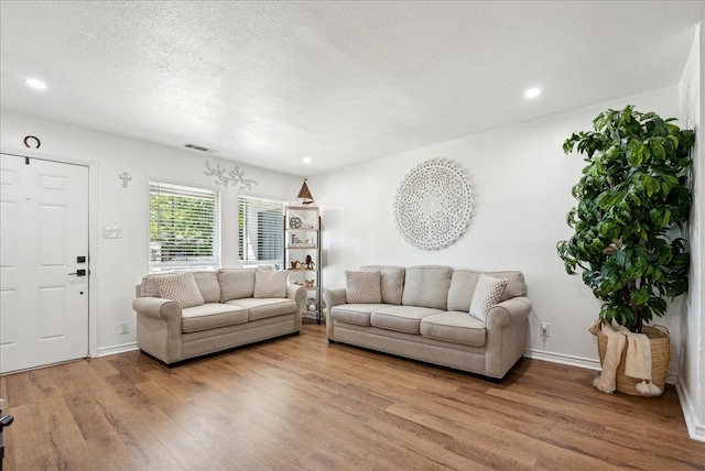 living room with wood-type flooring and a textured ceiling