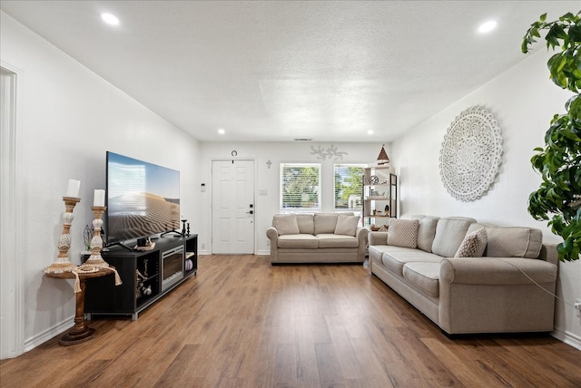 living room featuring hardwood / wood-style floors and a textured ceiling