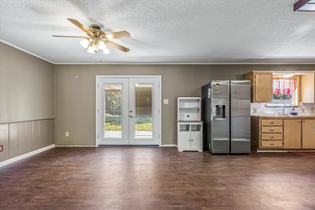 kitchen featuring stainless steel fridge, a textured ceiling, ceiling fan, dark hardwood / wood-style floors, and french doors