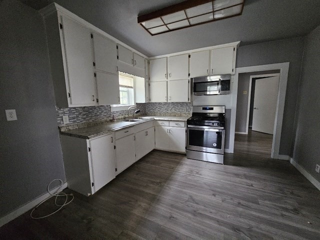 kitchen with white cabinets, dark hardwood / wood-style flooring, and stainless steel appliances