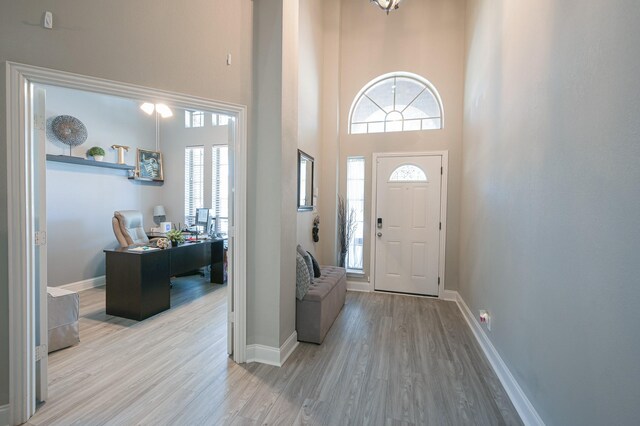 foyer entrance featuring a high ceiling and light hardwood / wood-style floors