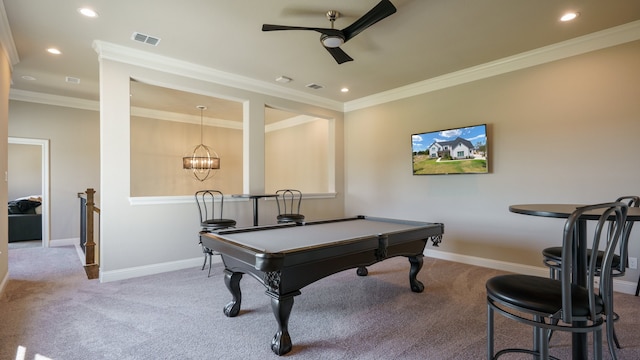 recreation room featuring pool table, ceiling fan, light carpet, and ornamental molding