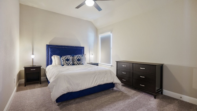 carpeted bedroom with lofted ceiling and ceiling fan