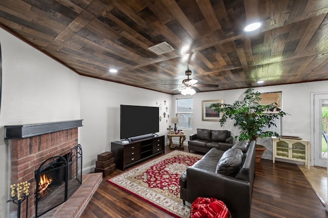 living room featuring dark hardwood / wood-style floors, ceiling fan, wood ceiling, and a fireplace