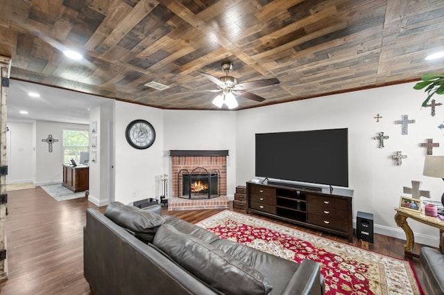 living room with a fireplace, hardwood / wood-style floors, and wooden ceiling