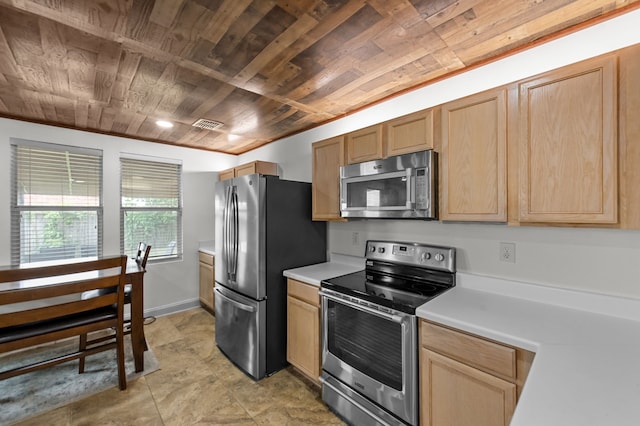 kitchen with wood ceiling and appliances with stainless steel finishes