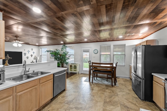 kitchen with light brown cabinets, wooden ceiling, sink, ceiling fan, and stainless steel appliances