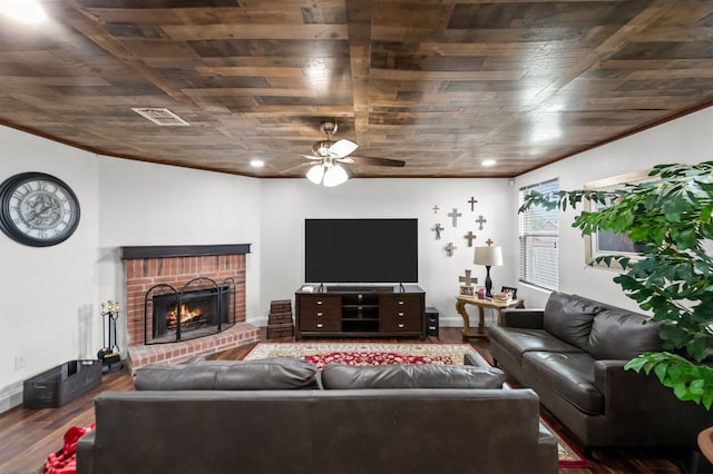 living room featuring a fireplace, wood-type flooring, ceiling fan, and wooden ceiling