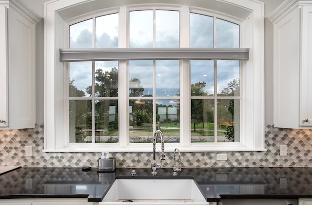 details with white cabinets, tasteful backsplash, and sink