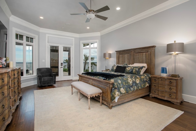 bedroom with access to outside, dark hardwood / wood-style flooring, ornamental molding, ceiling fan, and french doors