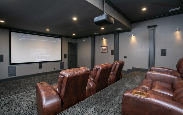 home theater room with carpet floors