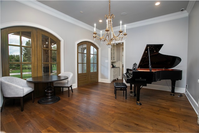 misc room with french doors, an inviting chandelier, dark hardwood / wood-style floors, and plenty of natural light