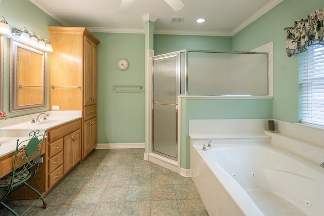 bathroom featuring ornamental molding and independent shower and bath