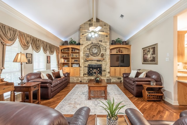 living room with a fireplace, ceiling fan, hardwood / wood-style flooring, high vaulted ceiling, and beamed ceiling