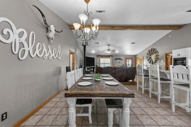 dining area featuring vaulted ceiling with beams, ceiling fan with notable chandelier, and light tile patterned floors