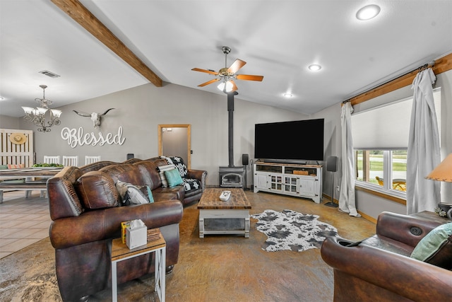 tiled living room with vaulted ceiling with beams, a wood stove, and ceiling fan with notable chandelier