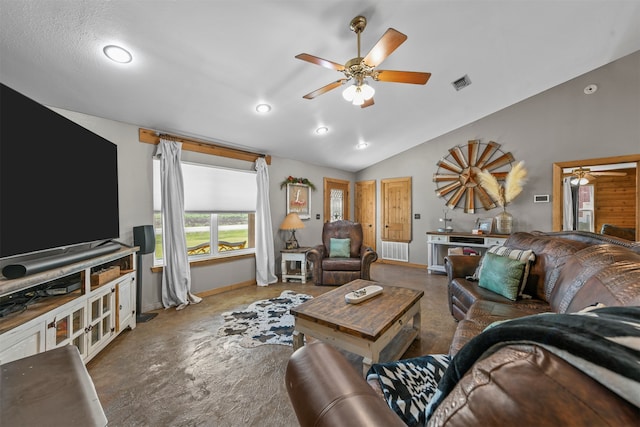 living room with lofted ceiling and ceiling fan