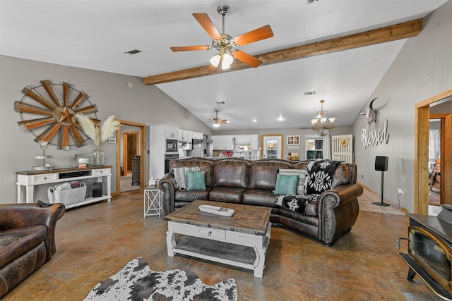 living room with vaulted ceiling with beams and ceiling fan with notable chandelier