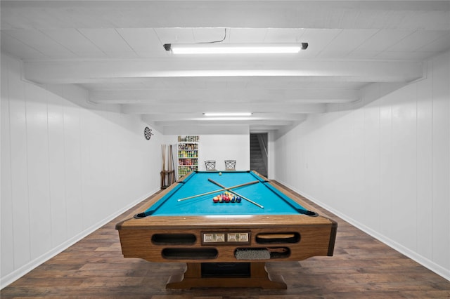 rec room with dark hardwood / wood-style flooring, pool table, wooden walls, and beam ceiling