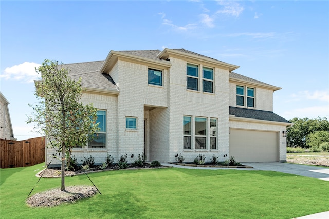 view of front of house featuring a front lawn and a garage