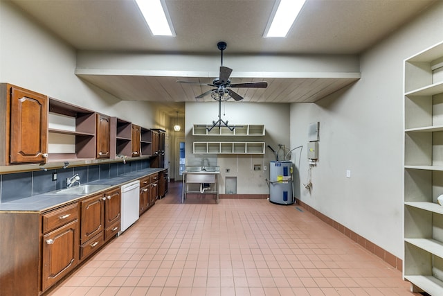 kitchen with light tile patterned floors, white dishwasher, sink, ceiling fan, and water heater