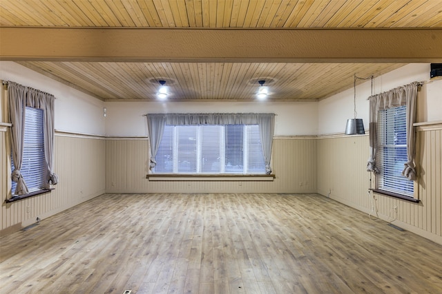 spare room with light hardwood / wood-style floors and wooden ceiling