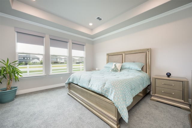 bedroom with carpet flooring, crown molding, and a raised ceiling