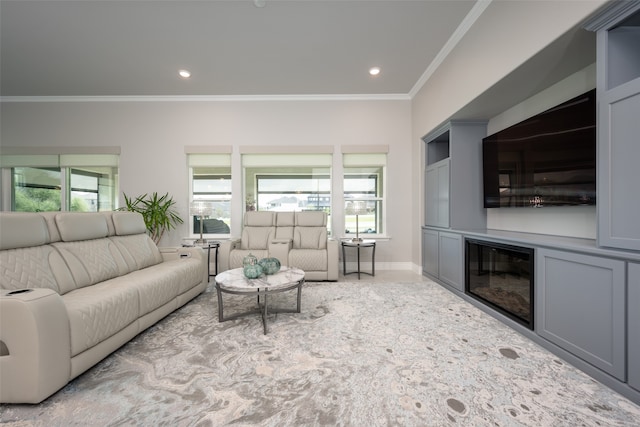 living room with crown molding