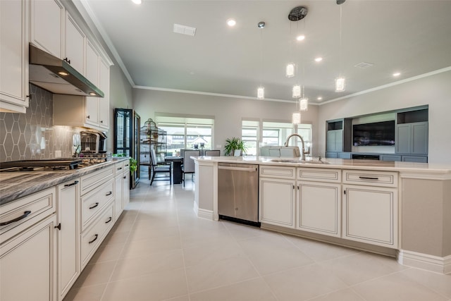 10008 Baywood Ct, Denton, TX 76207 - kitchen featuring a sink, stainless steel appliances, under cabinet range hood, tasteful backsplash, and ornamental molding