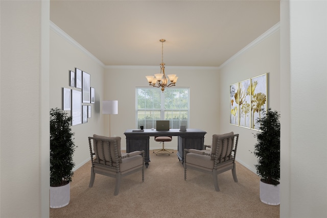 carpeted dining room with a chandelier and ornamental molding