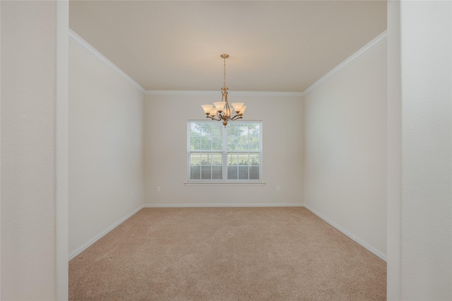 carpeted empty room with a chandelier and ornamental molding