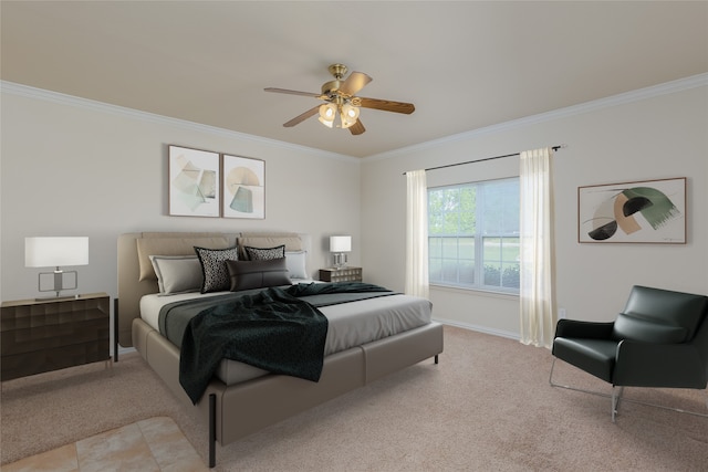 carpeted bedroom featuring ceiling fan and ornamental molding