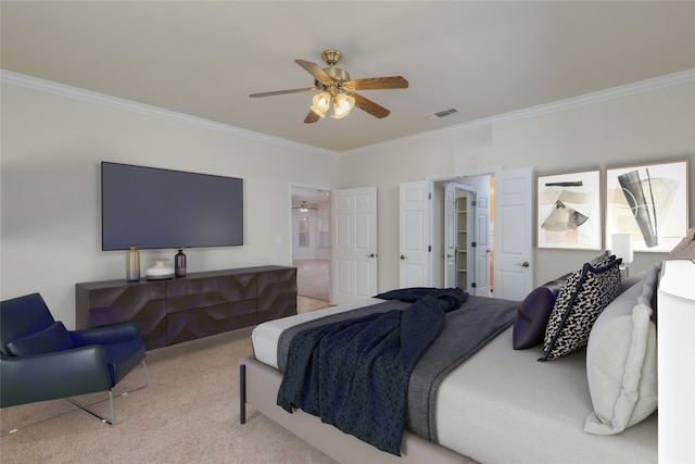 bedroom with light colored carpet, ceiling fan, and crown molding