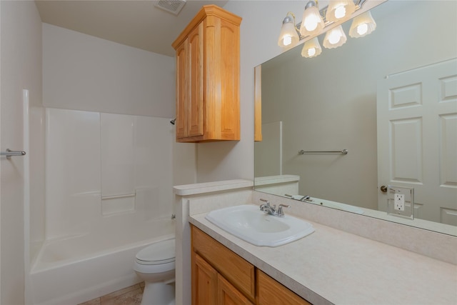 full bathroom with tile patterned flooring, vanity,  shower combination, and toilet