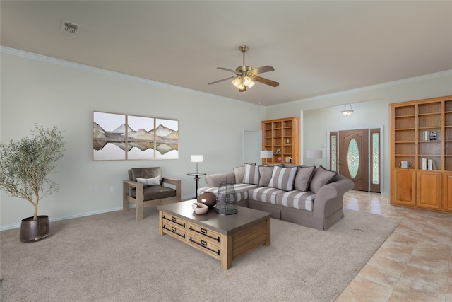 living room featuring ceiling fan, crown molding, and a wealth of natural light