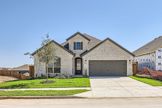 french provincial home with a front yard and a garage